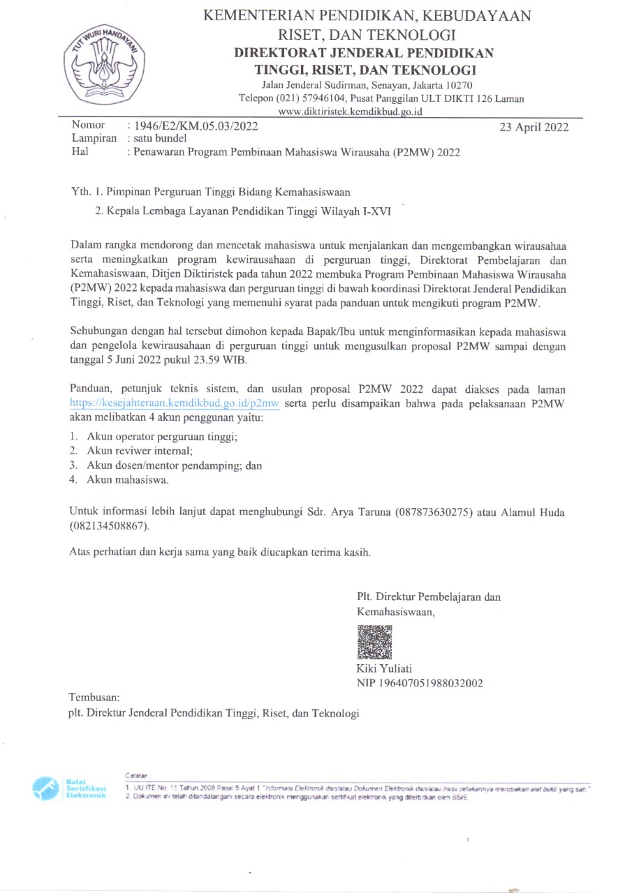 Penawaran Program Pembinaan Mahasiswa Wirausaha (P2MW) 2022